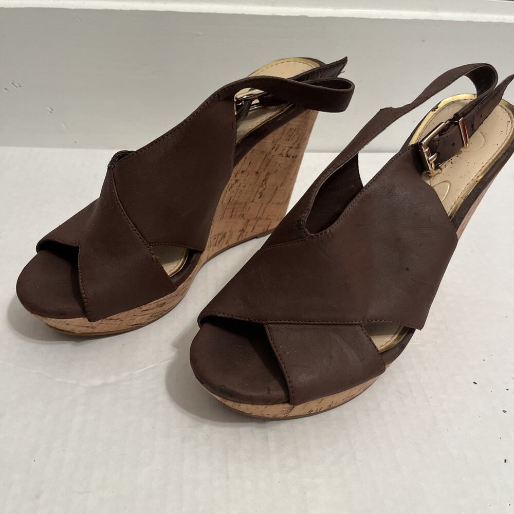 Jessica Simpson Colavita Peep Toe Platform Wedge Sandals Womens 7 Brown Cork